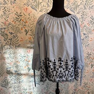 Time and Tru Light Blue Blouse with Black Embroidery